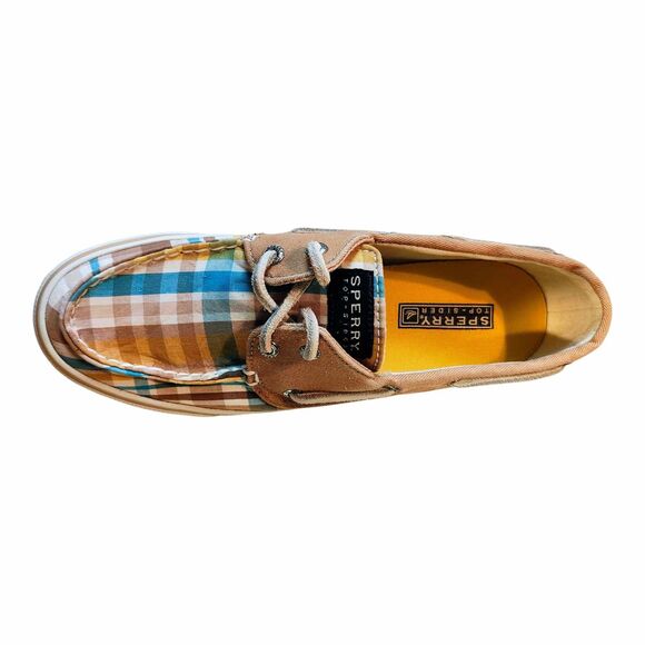 Sperry Top Sider Bahama Boat Shoe Womens Size 7 Brown Camel Plaid Canvas Slip On - Picture 1 of 14